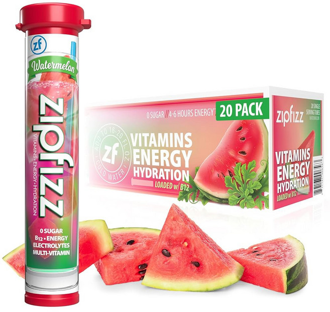 Zipfizz 데일리 에너지 드링크 파우더 버라이어티 팩 15팩 3 in 1 지속 에너지 빠른 수분 공급 및 필수 비타민 무설탕 전해질 파우더 비타민 B 12 및 항산화제 함유, Watermelon, 0.39 Ounce Pack of 20