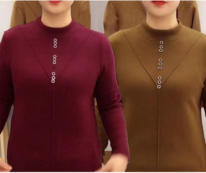 1+1 중년 여성 목폴라 티셔츠 캐주얼 가을 겨울 기모 풀오버 상의 패션 엄마복 여성 도톰 반폴라 긴팔티 기질 슬림핏 여자 이너 티셔츠 WXY