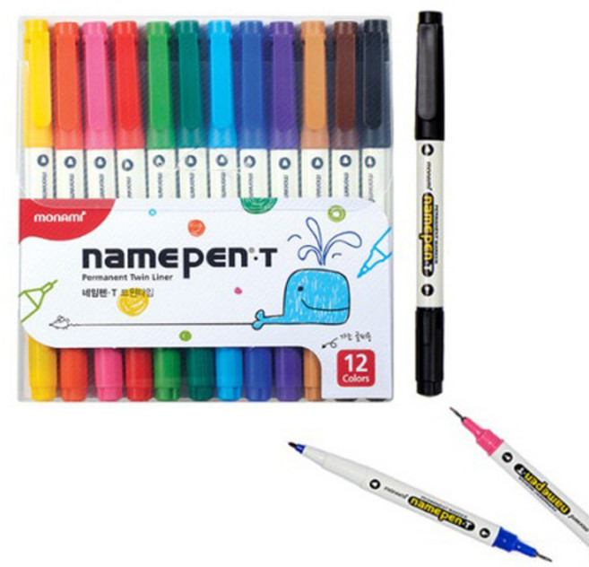 네임펜 12색 세트 트윈 가는글씨용 중간글씨용 얇은 양면 유성펜 모나미