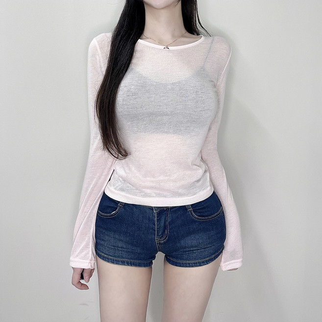 VANANA2 자외선차단 시스루 레이어드티 슬림핏 파스텔톤 긴소매 티셔츠 슬리브