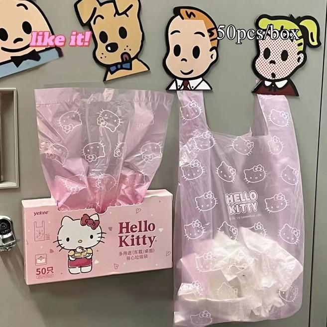헬로키티 차량용 쓰레기 봉투 손잡이 포장 일회용 데스크탑 비닐봉투, 50개, 1.8L