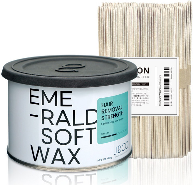 제이앤코 넓은부위용 에메랄드 소프트 틴 왁스 400g + 왁싱몬스터 스파츌라 L 100개입, 1세트