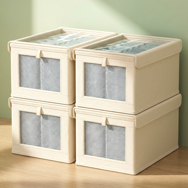루바르 차곡차곡 투명뚜껑 옷 정리함 리빙박스, 4개, 베이지