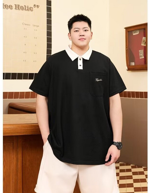撞色翻領短袖POLO衫 男士寬鬆透氣休閒加肥加大 T恤
