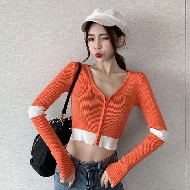해피유통 여성 봄가을 브이넥 배색 니트 탑 긴팔 래시가드 카디건 얇은 니트 코트 jhz