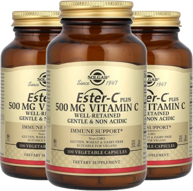 [2+1] Solgar 솔가 비타민씨 500mg 100정 베지캡슐 비타민C 에스터C 감귤 바이오플라보노이드 아세로라 로즈힙 루틴 칼슘 아스코르브산염, 3개 - 쿠팡