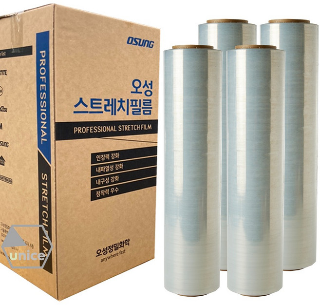 [유니스몰][품질우위] 오성 스트레치필름 공업용랩 15 18 20 25 30MIC 4롤 1박스 * 손풀림개 증정중(상세페이지참조), 25mic x 500mm x 240m, 4개