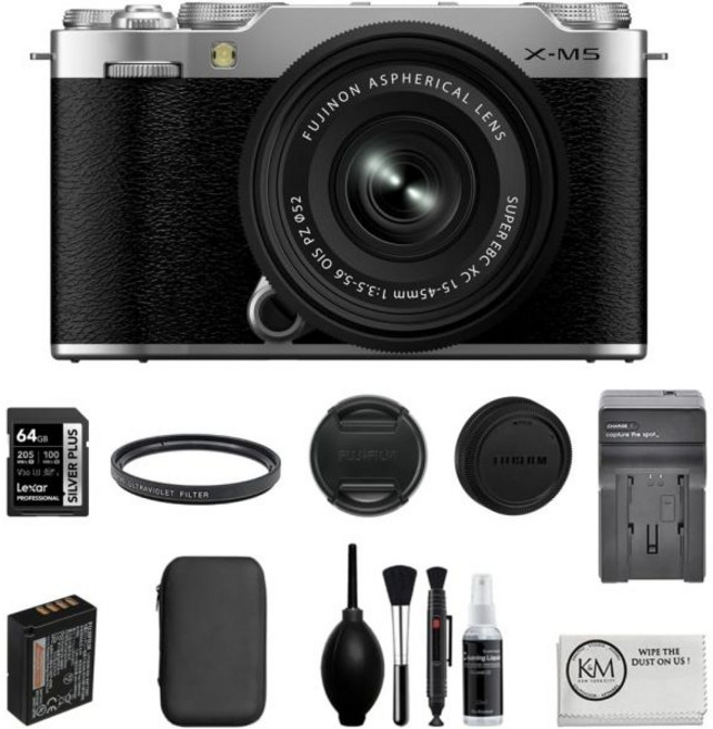 후지필름 XM5 미러리스 카메라 XC 1545mm f3.55.6 렌즈 은색 세트 64GB 메모리 카드 + 배터리 충전기 UV 필터 프리미엄 사진 시작 키트 청소 천 6개 품목, 후지필름 XM5 미러리스 카메라 XC 1545mm f3