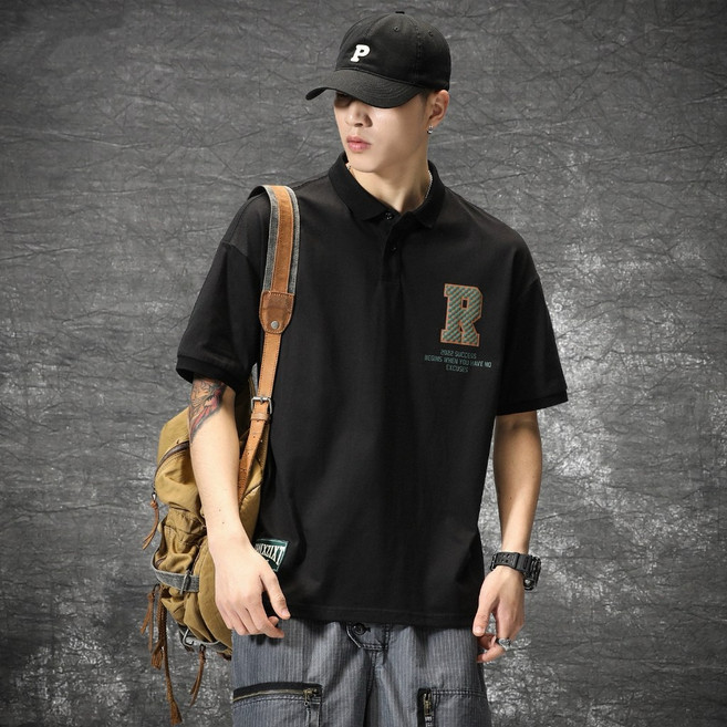POLO領男短袖【M-3XL】日系寬鬆設計感工裝襯衫青少年