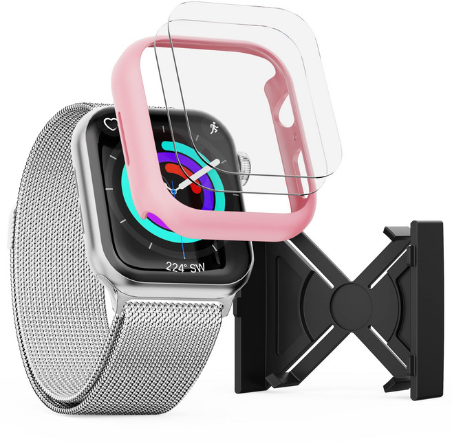 가꼬싶다 애플워치 실패없는 자가복원 액정보호필름 2P + 변색없는 하드커버 케이스, 핑크 샌드