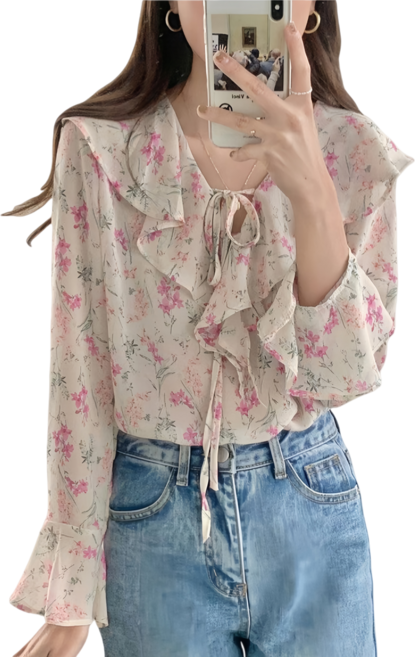 Makone 여성 긴팔 플라워 프릴 쉬폰 블라우스