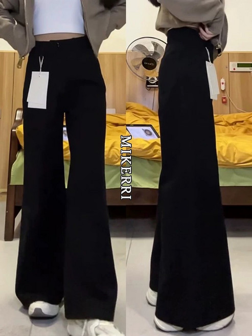 黑色不貼腿微喇牛仔褲女春季新款大碼胖mm寬鬆顯瘦梨型身材闊腿褲