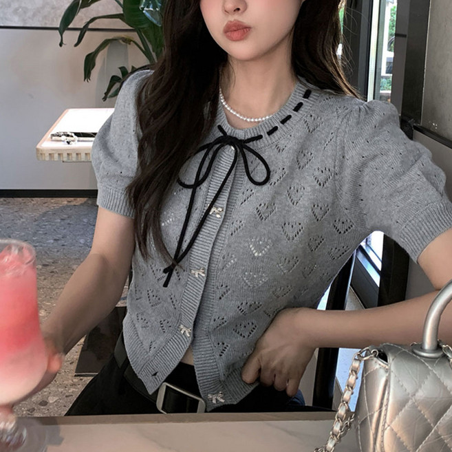 SOSISI 여성 반팔 니트 가디건 라운드넥 리본매듭 여름 가디건 H46147