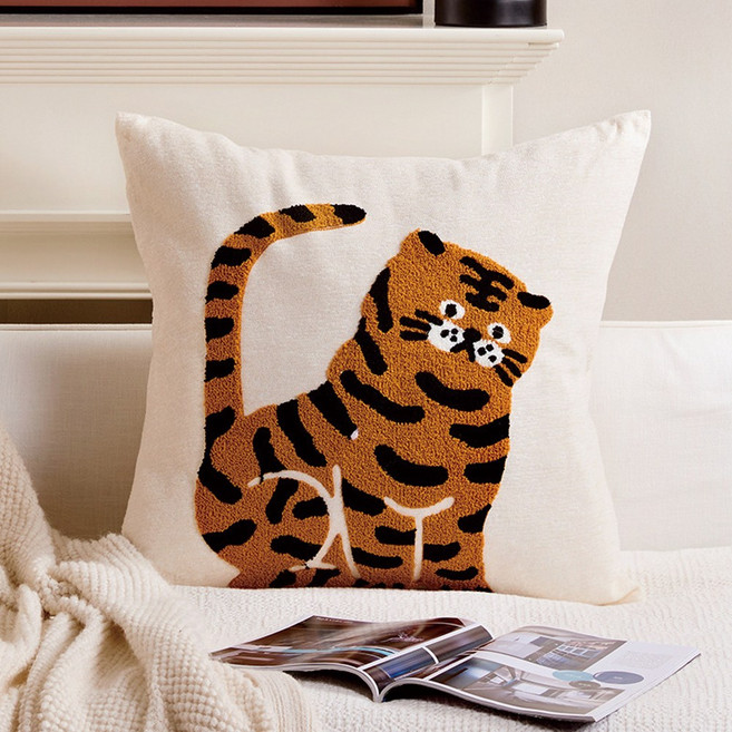 포근달 인테리어 동물자수 쇼파쿠션 핸드메이드 침대 등받이 쿠션 솜포함, 호랑이