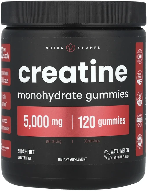 새해 건강을 선물하세요 NutraChamps 크레아틴 일수화물 구미젤리 수박 구미젤리 120개(구미젤리 1개당 1250mg) 특별관리진행, NutraChamps크레아틴일수화물구미젤리수박5000m, 1개 - 쿠팡