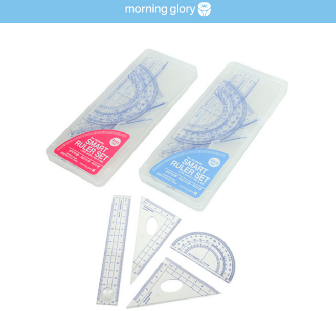 모닝글로리 초등 학생용 삼각자 각도기 직자 스마트 4종세트 학용품 준비물, 1개, 핑크