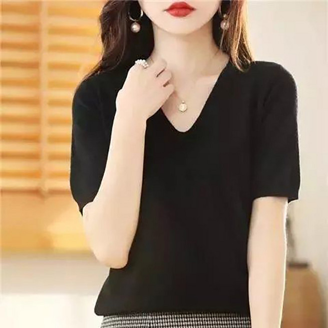 여성 브이넥 니트 반팔 티 봄가을 간절기 스판 풀오버 스웨터 5부 소매 오버핏 데일리 패션 루즈핏 상의