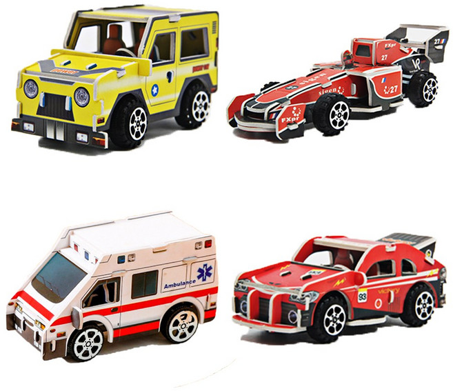 감성팩토리 종이 입체 자동차 퍼즐 풀백기능 3D 모형, C타입(옐로짚차+레드레이싱카+앰뷸런스2+레드스포츠카), 1세트, 75피스