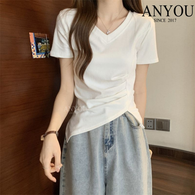 ANYOU 라지 여성복 불규칙 V넥 정장 반팔 티셔츠 여름 통통 mm 뱃살 가려 날씬해 보이는 디자인감 상의
