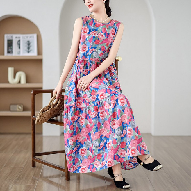 티티웍스 여성 꽃무늬 셔링 A라인 캉캉 민소매 롱 원피스 홈웨어 홈드레스 휴양지룩