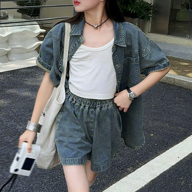 주니어 여아 반팔 데님 투피스 데님셔츠 밴딩 청 반바지 워싱 키즈 상하복