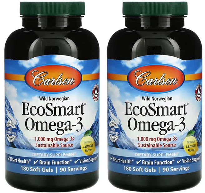 칼슨 노르웨이 자연산 EcoSmart 오메가3 천연 레몬맛 1 000mg 180소프트젤(소프트젤 1정당 500mg), 2팩, 180정 - 쿠팡
