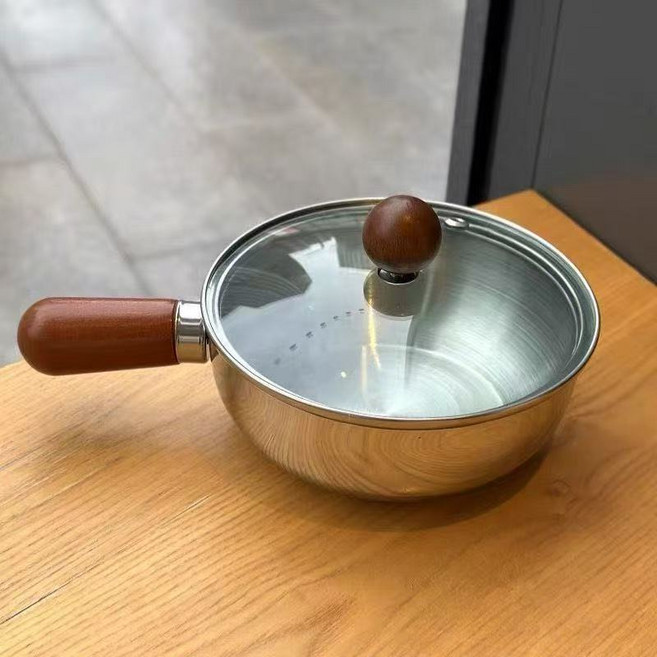新款不鏽鋼泡麪鍋一人食小鍋高顏值桃木小吃鍋小煮鍋寶寶輔食奶鍋, 1個, 大號【帶蓋】, 如图