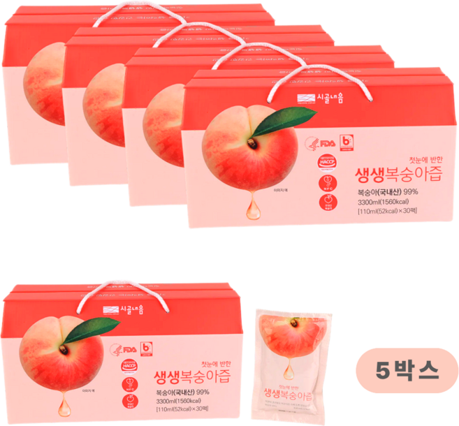 시골내음 생생 복숭아즙 100% 착즙 한여름 복숭아를 베어먹는 맛, 150개, 110ml