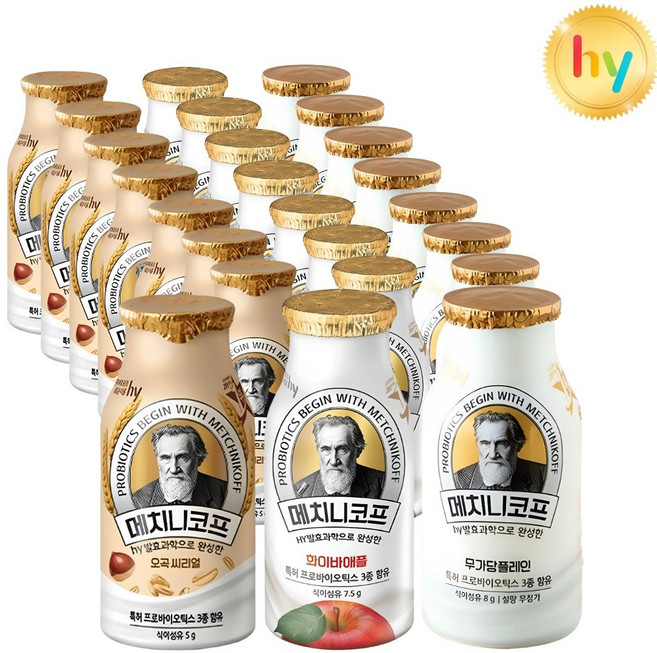 HY 한국야쿠르트 메치니코프 140ml 3가지맛 요거트 (화이바8+무가당플레인8+오곡씨리얼8) 총24입