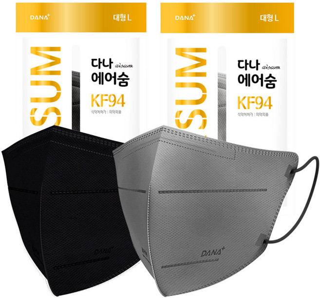 다나마스크 KF94 에어숨 컬러마스크 대형 100매, 1세트, 진한회색50매&검정색50매