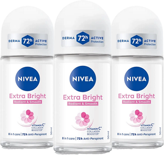 니베아 여성용 엑스트라 브라이트닝 48 잼 롤 온 데오드란트, 3개, 50ml