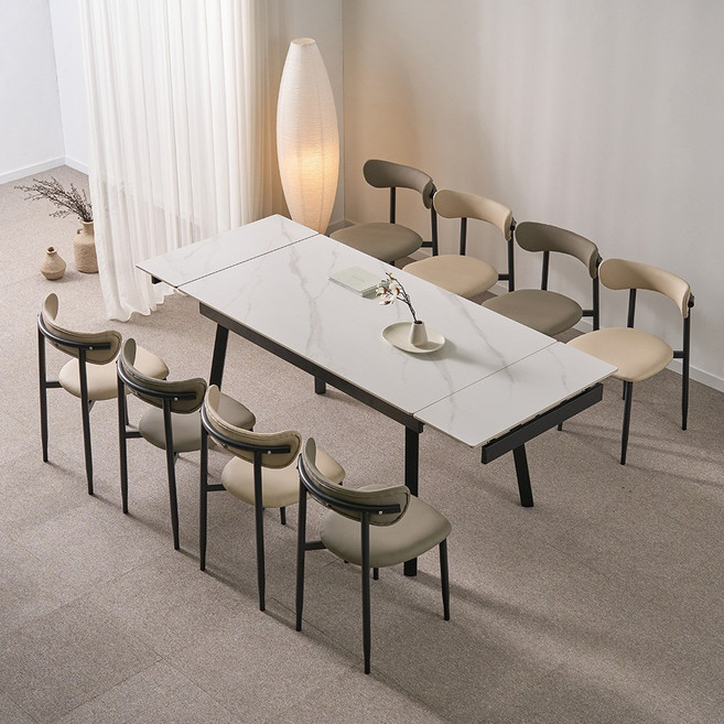 동서가구 캐빈 8인 확장형 포세린 세라믹 식탁세트 (의자8) DF645681, 마블화이트, 아이보리, 마블화이트 (상판), 블랙(프레임), 일반의자 8