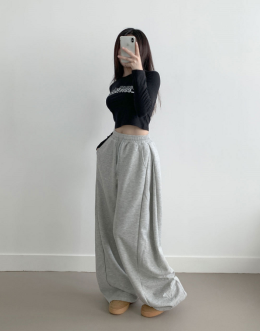 부기샵 팬츠 군살커버 퍼트 사이드 폴링 핀턱 와이드 트레이닝 롱팬츠