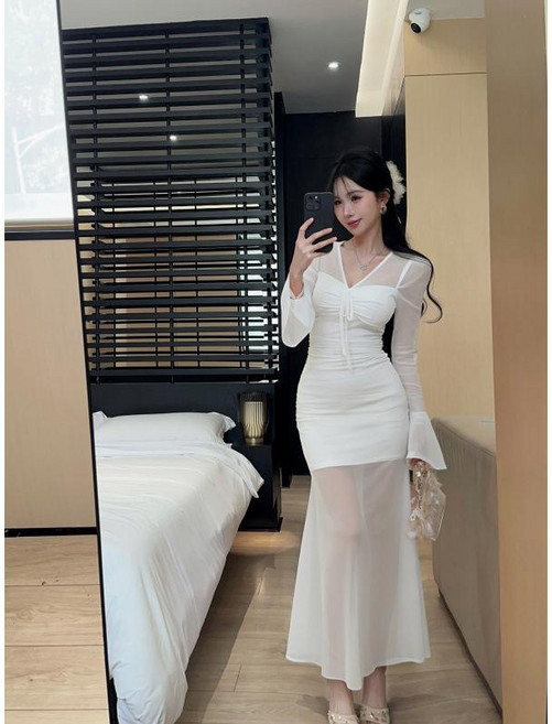 長袖喇叭袖修身顯瘦禮服長裙, 白色