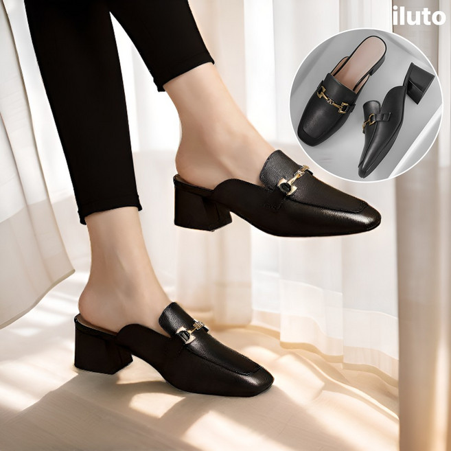 일루토 키높이 통굽 더블 D링 골드체인 뮬 블로퍼