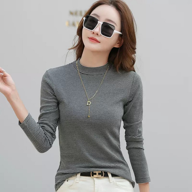 여성 보온 내의 스트라이프 긴팔 티셔츠 봄가 겨울 따뜻한 이너웨어 슬림핏 패션 기본 데일리 캐중얼 상의