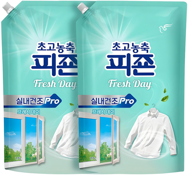 피죤 실내건조 프로 초고농축 섬유유연제 프레시데이향 리필, 1.7L, 2개