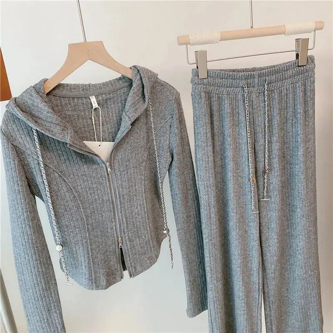 봄 가을 여성 트레이닝복 세트 슬림핏 여자 숏 후드집업 + 니트 와이드 팬츠 캐주얼 여성용 츄리닝 투피스 세트 LZH