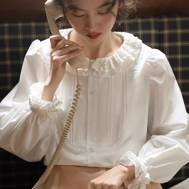 2026 화이트 레이스 칼라 화이트 셔츠 여성용 긴팔 루즈핏
