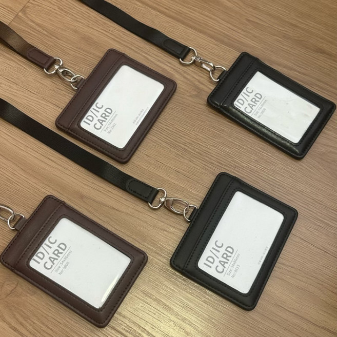 천연 가죽 목걸이형 카드지갑 이중 카드 홀더 사원증 케이스 학생증 출입증용 스트랩 포함