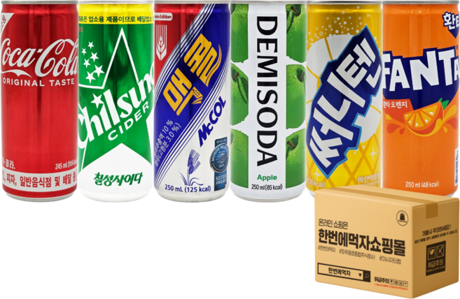 [한번에먹자] 탄산음료세트 250ml 6종 5캔씩 코카콜라업소 + 칠성사이다업소 + 웰치스포도 + 환타오렌지 + 써니텐파인애플 + 데미소다 애플 총30캔 캔음료수 모음, 30개, 245ml