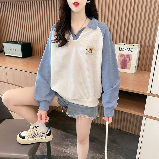 해피유통 여성 봄여름 느슨한 면 V넥 긴팔 맨투맨 귀여운 카툰 디자인 캐주얼룩zhb