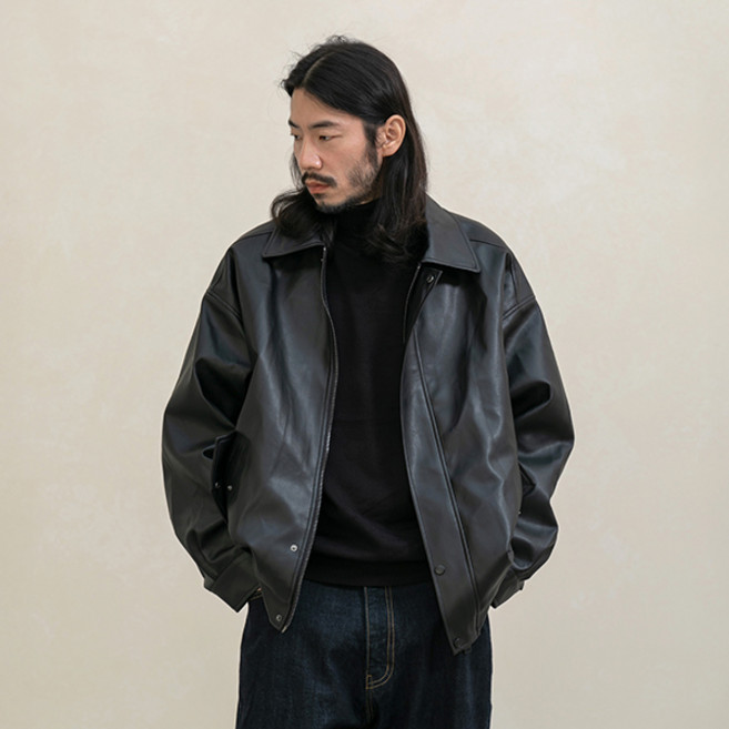 러기드하우스 인조가죽 오버핏 보머 자켓 블랙