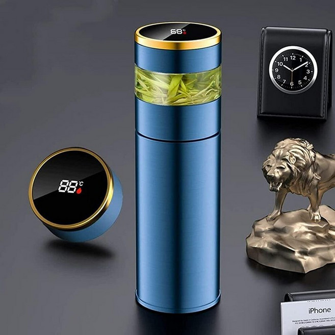 스마트 마그네틱 뚜껑 물병 - 425.2g(15온스) 진공 단열 스테인리스 스틸 텀블러 티 인퓨저 포함 - 커피 여행 체육관 및 사무실용 누출 방지 이중벽 플라스크 (마그, 블루