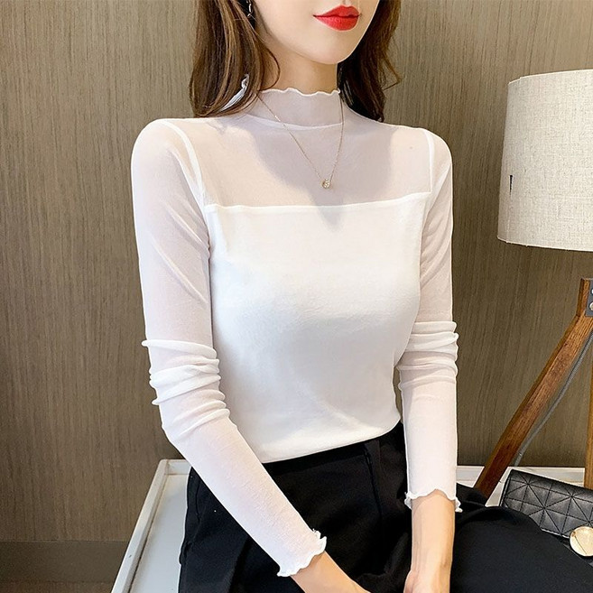 슬림소녀 여성 봄 반폴라 슬림핏 시스루 블라우스 긴팔 망사 티셔츠