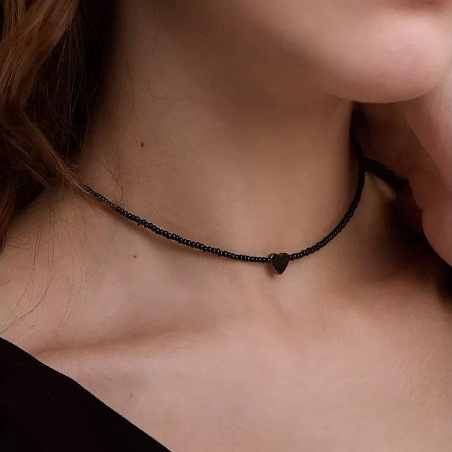러블리한 하트 포인트 블랙 비즈 쇄골 체인 목걸이