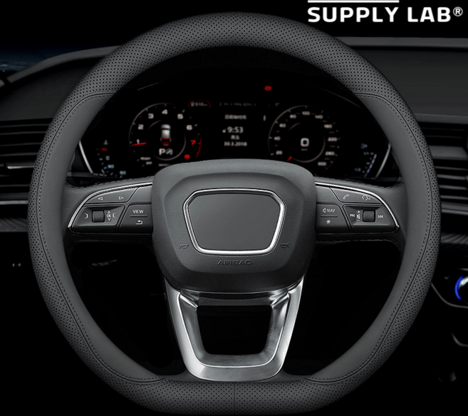 서플라이랩 프리미엄 차량용 자동차 가죽 핸들 커버, 외부타공형, 블랙스티치