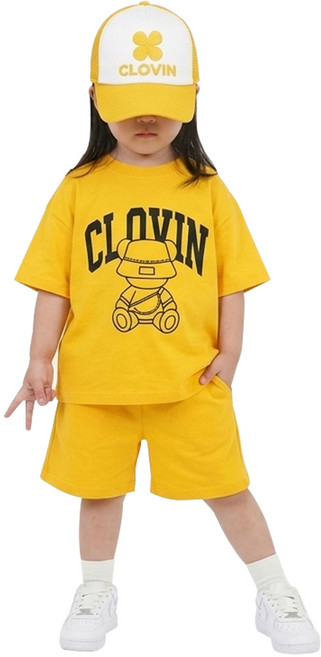 [5호 7호 9호 11호] 클로빈 키즈 오버핏 벙거지 곰돌이 상하복 세트 남아 여아 등원룩 여름 반팔 반바지 등원복