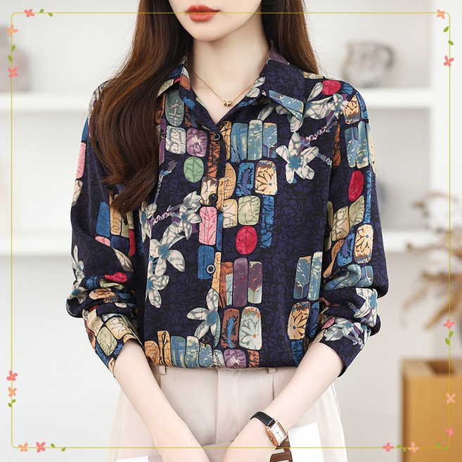 신품 여성 기하학 패턴 프린트 긴팔 블라우스긴팔 구김없는 카라넥 셔츠 오피스룩 출근룩 패션 중년여성상의