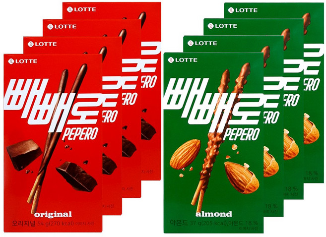 롯데웰푸드 빼빼로 2종 4개씩 (초코 오리지널54g+아몬드37g), 1개